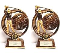 Twin Pack Golf Longest Drive & Nearest The Pin Antique Gold Golf Trophy Award 215mm Free Engraving RS512-CL