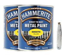 Twin Pack of Hammerite Smooth Yellow Metal Paint 2.5 Litre with PSP Metal tin Opener. Durable, Corrosion Resistant Decorative Coating for Metals, Certain Plastics and Wood
