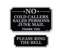 Twin Pack - Sticker Gold - Classy No Cold Callers Or Junk & Please Ring Bell Stickers - Self Adhesive, Front Door, Courier, Postman, Black/Grey SG318/SG384