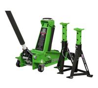 Twin Piston Hydraulic Trolley Jack & 2 Axle Stand Kit - Safety Overload - Green