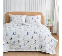 Twin Size Coastal Quilt Bedding Set | Summer Blue Nautical Bedspread | Beach-Themed 2-Piece Reversible Bedding Sets & Collections | Quilted Coverlet (Twin/Twin XL, Blue Watercolor Sailboats)