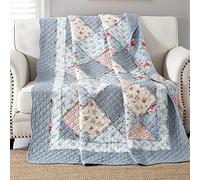 Twin Size Patchwork Quilt Blue Cotton Quilted Throw Blanket Reversible Bedspread Coverlet for Couch Sofa Lightweight Soft Floral Vintage Garden Flowers Comforter Bed Cover for Bed Home Bedroom Decor