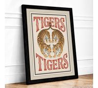 Twin Tigers Symmetry Vintage Framed Wall Art Print A3 Black