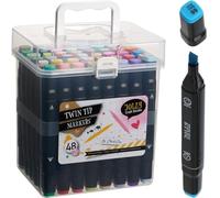 Twin Tip Marker Pens 48 Pack in Carry Case | Dual-Ended Colouring Pens for Art, Drawing, Sketching & Craft | Fine & Broad Tips Felt Pens