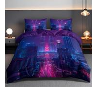 Twin Towers single duvet cover set, Twin Cities in Purple Night duvet cover - Soft Microfibre Polyester - Neon Aesthetics Bedding Quilt Set, Urban Photography 135 x 200cm Cover with Pillow cases