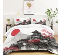Twin XL Lightweight Soft Duvet 135 x 200 cm, Japanese Style Watercolor Architecture Sun Theme Breathable Cosy Quilt - White Print Fade Resistant Washable Comforter Set with 2 Pillowcases 50 x 75 cm