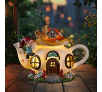 twinbling Mushroom Fairy House Garden Decor Solar Light - Outdoor Gnome Statue with Squirrel, Resin Teapot Decorative Figurine for Patio, Lawn, Yard & Balcony, for Women, Mom, and Home