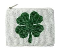 TWINE AND LOVE Four Leaf Clover Coin Purse, St. Patrick's Day Beaded Purse, Lucky Green Accessories, Coin Purse Pouch, Beaded Coin Purse, Irish Gifts, White (TL193L)