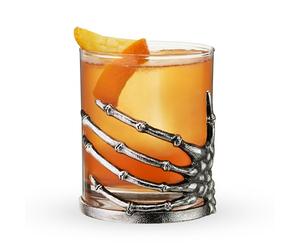 Twine Skeleton Hand Cocktail Tumbler, Gothic Whiskey Glass with Metal Skeleton Wrap, Spooky Halloween Barware for Bourbon, Cocktails & More, 10 oz., Set of 1