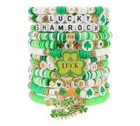 Twinfree 12pcs Green Shamrock Leaf Bracelet, Beaded Charm Stretch Bracelet for Women, St. Patricks Day Bracelet