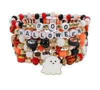 Twinfree Halloween Bracelets Sets for Women, Gothic Layered Beaded Bracelets, BOO Spooky Ghost Spider Pumpkin Kitten Charm Stackable Strench Bracelet, One Size, Beads, no gemstone