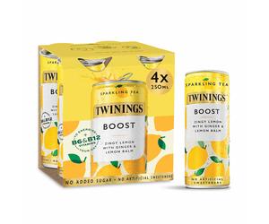 Twinings Sparkling Tea Boost 4 Pack Lemon & Ginger Flavoured with Black Tea Infusion, Lemon Balm Infusion & Added Vitamins
