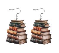 twinkle eye Funny Wooden Stackable Book Drop Dangle Earrings Stack of Books for Women Reading Earrings Classic Librarian Teacher Student Graduation Back to School Jewelry, One Size, Wood, No Gemstone