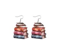 twinkle eye Funny Wooden Stackable Book Drop Dangle Earrings Stack of Books for Women Reading Earrings Classic Librarian Teacher Student Graduation Back to School Jewelry, One Size, Wood, No Gemstone