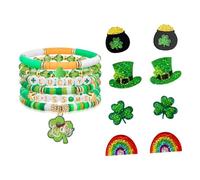 twinkle eye St. Patrick's Day Accessories for Women - St. Patrick's Day Stretch Bracelets Stud Earrings Set Glitter Green Irish Shamrock Clover Good Luck Bohemian Festive Birthday Gifts
