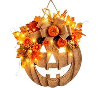 Twinkle Pumpkins,Warm LED Harvest Fall Wreath,Farmhouse Halloween Wreath for Front Door,Autumn Pumpkin Decor for Porch Home