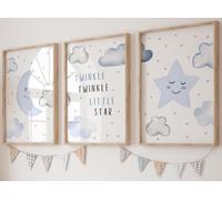 Twinkle Twinkle Little Star Set of 3 Unframed Prints, Girls Boys Nursery Decor Wall Art, Bedroom Decor, Playroom Poster, Nursery Rhyme, Moon Clouds Stars (A3)