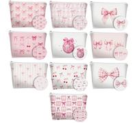 TWINKLEMON 10 Pcs Pink Bow Canvas Makeup Bag for Women, Coquette Bow Cosmetic Bag with Round Pocket Mirrors, Travel Zipper Pouch Party Favors for Teacher Mom Nurse Guests Birthday Christmas Graduation