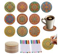 TWINKLEMON 10 Pcs Wooden Coasters Painting Set with 8-colour Marker, 4 Inch Boho Flower DIY Painting Coasters, Round Cork Coaster for Arts Crafts Housewarming Coffee Table Home Apartment Decor
