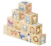 TWINKLEMON 12 Pcs Cute Animal Nursery Decor, Watercolor Animals Wooden Blocks Decor, Ocean Woodland Animals Wooden Decorative Squares for Bedroom Playroom Birthday Gifts Table Shelf Decoration