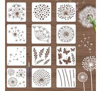 TWINKLEMON 12 Pcs Dandelion Flowers Large Stencils for Painting, 30 * 30cm Botanical Theme Stencils for Crafts Reusable with Brush, Wall Stencil Set for DIY Art Scrapbook Wood Burning Spray Paint
