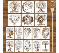 TWINKLEMON 16 Pcs Large Character Tree Stencils for Crafts Reusable, Tree of Life Stencils for Painting, Wall Painting Art Template with Brush for DIY Furniture Fabric Wood Burning Canvas Art Card