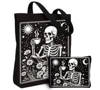 twinklemon 2 Pack Canvas Tote Bag for Women with Makeup Pouch, Skeleton Coffee Reusable Shopping Bag, Funny Aesthetic Black Grocery Bags for Mom Men Gym Work Travel Readers