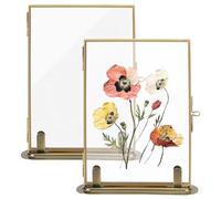 TWINKLEMON 2 Pcs Gold Floating Photo Frame, Double Glass Pressed Flower Frame with Stand, Vintage Brass Tabletop Picture Frames for DIY Dried Flowers Plant Specimen Wedding Home Office(5.75 x 7.32 in)