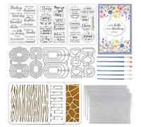TWINKLEMON 3Sets Blessing Words Clear Stamps & Cutting Dies & Painting Stencils for Card Making, Greeting Words Stamp and Metal Tags Die Cuts Wood Grain Background PET Paint Stencil for DIY Art Crafts