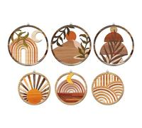 TWINKLEMON 6 Pcs Boho Wooden Wall Art Decor, Bohemian Botanical Geometric Hanging Wall Decor, Farmhouse Abstract Moon&Sun Round Wooden Sign with Hooks for Living Room Bedroom Office Hallway and Stairs