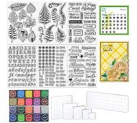 TWINKLEMON 6 Sheets Clear Stamps for Card Making Includes 20 Ink Pad 6 Acrylic Stamp Block, Silicone Stamps with Blessing Greeting Leaves Letters Date Stamp for Crafting DIY Scrapbooking Journal
