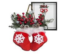 Twinkling Christmas Mitten Wreath, Christmas Wreath with LED Lights, For Front Door, With Faux Pine Branch, Red Berries, Frosted Pinecones, For Home Wall Decor, 30×40cm