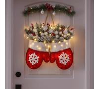 Twinkling Christmas Mitten Wreath, Light up Christmas Wreaths for Front Door, Twinkling Artificial Garland with LED Light Red Berries Pine Cones Branches, Lighted C-hristmas Mittens Wreath Decoration