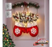 Twinkling Christmas Mitten Wreath with 120 LED Lights & 10h Auto Timer, 19 * 21in Battery Operated Christmas Door Wreath, Xmas Wreath Decorations for Window Fireplace Wall (With Light,1pc)