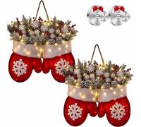 Twinkling Christmas Mitten Wreath with 120 LED Lights & 10H Auto Timer, Illuminated Holiday Wreath for Front Door with Artificial Pine Branches, Red Berries, and Frosted Pinecones (2Pcs)