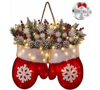Twinkling Christmas Mitten Wreath with 120 LED Lights & 10H Auto Timer, Illuminated Holiday Wreath for Front Door with Artificial Pine Branches, Red Berries, and Frosted Pinecones (1Pcs)
