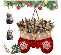 Twinkling Christmas Mitten Wreath With 120 Led Lights & 10h Auto Timer, Twinkling Christmas Mitten For Front Door, Artificial Garland With Faux Pine Branches, Red Berries (1PC)
