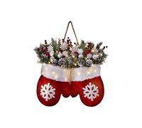 Twinkling Christmas Mitten Wreath with LED Lights & Auto Timer Mitten Wreath with Faux Pine Branches Christmas Lighted Wreaths Xmas Artificial Garland (Red, 50cm*50cm)