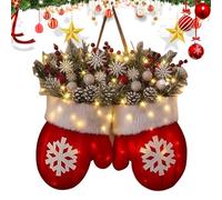 Twinkling Christmas Mitten Wreath With Led Lights, Christmas Front Door Wreath, Decorative Glittering Mitten Socks Garland, Home Decorations With Red Berries Pine Cones Branches For Wedding Farmhouse