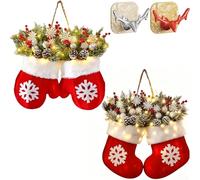 Twinkling Christmas Mitten Wreath with LED Lights, Lighted Christmas Wreath Decor, 16″ Festive Red Velvet Mitten-Shape Wreaths, Indoor & Outdoor Use (2 Set)