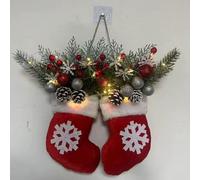 twinkling christmas socks wreath with led lights, Pre-lit Christmas Lighted Artificial Garland, Twinkling Wreath with Faux Pine Branches, Red Berries and Frosted Pinecones, Party Front Door Decoration