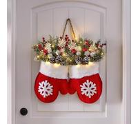 twinkling christmas socks wreath with led lights, Pre-lit Christmas Lighted Artificial Garland, Twinkling Wreath with Faux Pine Branches, Red Berries and Frosted Pinecones, Party Front Door Decoration