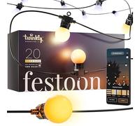 Twinkly Festoon 20 White LEDs, Light Chain with 20 LED Bulbs, Outdoor and Indoor Lights from Warm to Cool White, Compatible with Alexa, Google Home, IP44, Controlled by App, Black Cable, 10m