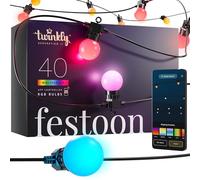 Twinkly Festoon 40 LED RGB, Light Chain with 40 LED Bulbs, Multicolor RGB Outdoor and Indoor Lights, Compatible with Alexa, Google Home, Gaming Lights, IP44, Controlled by App, Black Cable, 20m
