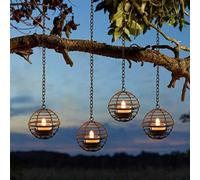 TWINKVILLA Solar Hanging Lanterns Outdoor Waterproof, Rust Iron Ball Candle Holder with Flickering Solar Powered Tea Lights, Perfect for Backyard Patio Garden Fence Tree Decoration-4Pack