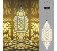 twinkya 2 Pack Hanging Solar Lights Outdoor Garden Decorative Solar Lantern Waterproof Metal Moroccan Outdoor Decorations for Patio Pathway Yard Porch Backyard Garden Decor (White, 2 Pack)