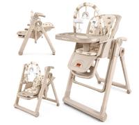 Twinly Baby High Chair from Birth, Reclining 2 in 1 - Movity Plus, Beige | Foldable Design, Baby Bouncer, Adjustable Height, 5-Point Harness, Removable Tray, Lockable Wheels