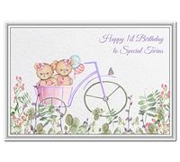 Twins 1st birthday card - 1 year old Girls - Twin Sister Design - Happy First milestone wishes for girl - Sisters Daughters Cousins Nieces Granddaughters Goddaughters Friends - Premium quality