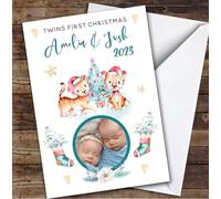 Twins 1st First Xmas Tiger Photo Custom Greeting Personalised Christmas Card | Christmas Card | Any Relation Xmas Card