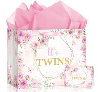 Twins Baby Shower Bag Decorations Pink Floral Oh Babies It's Twins Gift Bag with Card & Wrapping Papers for Gender Reveal Baby Girls Pregnancy Announcement Newborn Birthday Party Supplies Decor